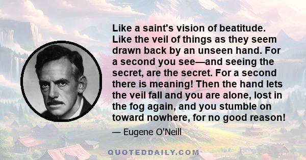 Like a saint's vision of beatitude. Like the veil of things as they seem drawn back by an unseen hand. For a second you see—and seeing the secret, are the secret. For a second there is meaning! Then the hand lets the