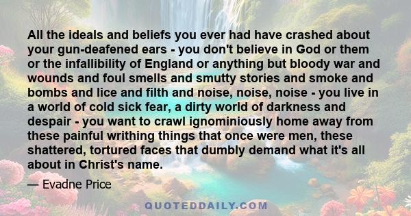 All the ideals and beliefs you ever had have crashed about your gun-deafened ears - you don't believe in God or them or the infallibility of England or anything but bloody war and wounds and foul smells and smutty