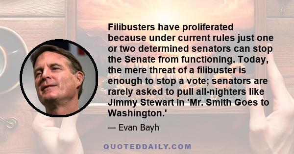 Filibusters have proliferated because under current rules just one or two determined senators can stop the Senate from functioning. Today, the mere threat of a filibuster is enough to stop a vote; senators are rarely