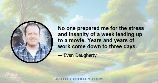 No one prepared me for the stress and insanity of a week leading up to a movie. Years and years of work come down to three days.