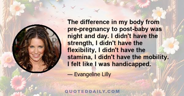 The difference in my body from pre-pregnancy to post-baby was night and day. I didn't have the strength, I didn't have the flexibility, I didn't have the stamina, I didn't have the mobility. I felt like I was