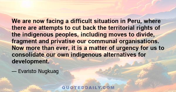 We are now facing a difficult situation in Peru, where there are attempts to cut back the territorial rights of the indigenous peoples, including moves to divide, fragment and privatise our communal organisations. Now