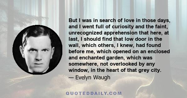 But I was in search of love in those days, and I went full of curiosity and the faint, unrecognized apprehension that here, at last, I should find that low door in the wall, which others, I knew, had found before me,