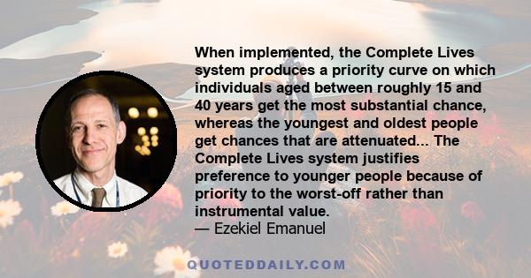 When implemented, the Complete Lives system produces a priority curve on which individuals aged between roughly 15 and 40 years get the most substantial chance, whereas the youngest and oldest people get chances that