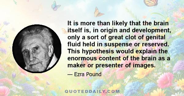 It is more than likely that the brain itself is, in origin and development, only a sort of great clot of genital fluid held in suspense or reserved. This hypothesis would explain the enormous content of the brain as a