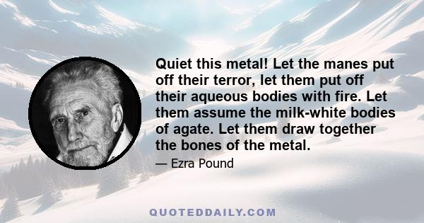 Quiet this metal! Let the manes put off their terror, let them put off their aqueous bodies with fire. Let them assume the milk-white bodies of agate. Let them draw together the bones of the metal.