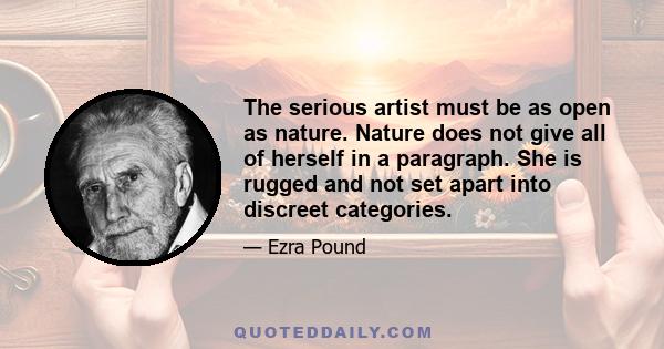 The serious artist must be as open as nature. Nature does not give all of herself in a paragraph. She is rugged and not set apart into discreet categories.