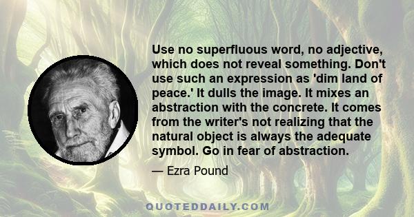 Use no superfluous word, no adjective, which does not reveal something. Don't use such an expression as 'dim land of peace.' It dulls the image. It mixes an abstraction with the concrete. It comes from the writer's not