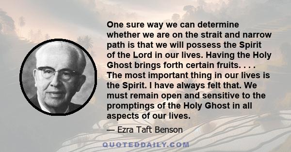 One sure way we can determine whether we are on the strait and narrow path is that we will possess the Spirit of the Lord in our lives. Having the Holy Ghost brings forth certain fruits. . . . The most important thing