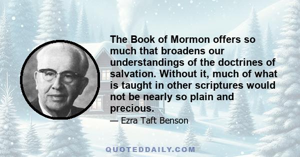 The Book of Mormon offers so much that broadens our understandings of the doctrines of salvation. Without it, much of what is taught in other scriptures would not be nearly so plain and precious.