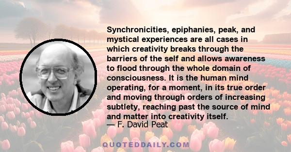 Synchronicities, epiphanies, peak, and mystical experiences are all cases in which creativity breaks through the barriers of the self and allows awareness to flood through the whole domain of consciousness. It is the