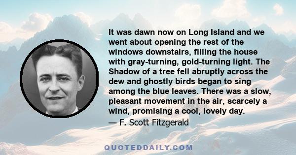 It was dawn now on Long Island and we went about opening the rest of the windows downstairs, filling the house with gray-turning, gold-turning light. The Shadow of a tree fell abruptly across the dew and ghostly birds