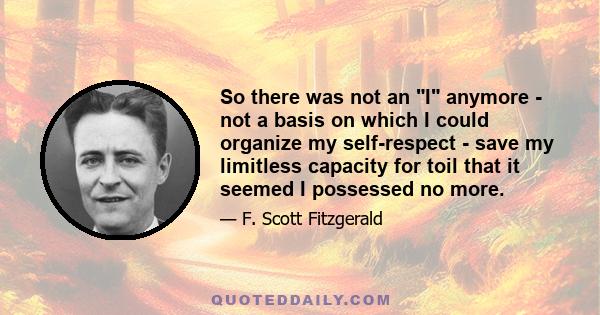 So there was not an I anymore - not a basis on which I could organize my self-respect - save my limitless capacity for toil that it seemed I possessed no more.