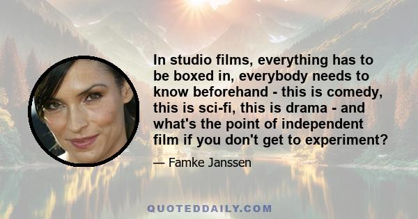 In studio films, everything has to be boxed in, everybody needs to know beforehand - this is comedy, this is sci-fi, this is drama - and what's the point of independent film if you don't get to experiment?