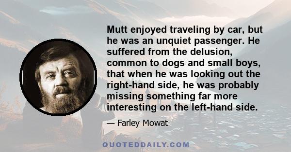 Mutt enjoyed traveling by car, but he was an unquiet passenger. He suffered from the delusion, common to dogs and small boys, that when he was looking out the right-hand side, he was probably missing something far more