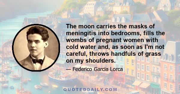 The moon carries the masks of meningitis into bedrooms, fills the wombs of pregnant women with cold water and, as soon as I'm not careful, throws handfuls of grass on my shoulders.