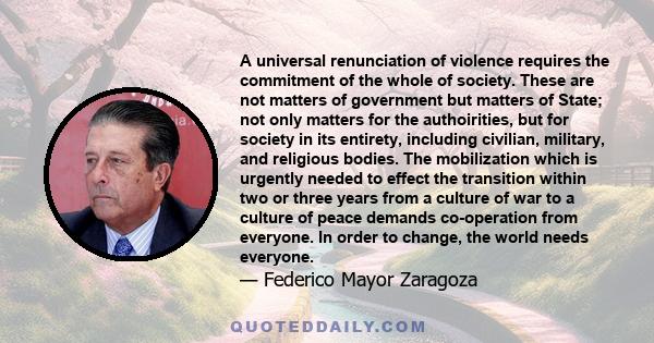 A universal renunciation of violence requires the commitment of the whole of society. These are not matters of government but matters of State; not only matters for the authoirities, but for society in its entirety,