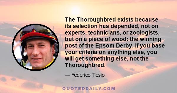 The Thoroughbred exists because its selection has depended, not on experts, technicians, or zoologists, but on a piece of wood: the winning post of the Epsom Derby. If you base your criteria on anything else, you will