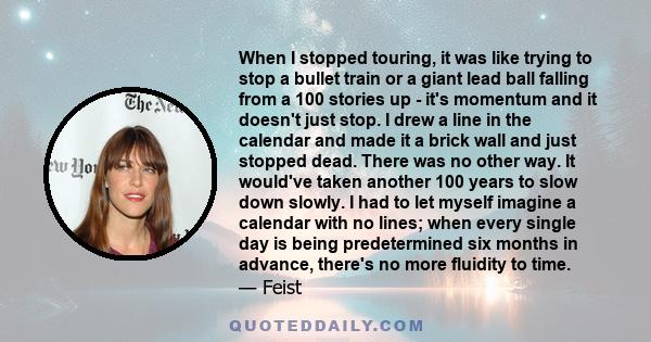 When I stopped touring, it was like trying to stop a bullet train or a giant lead ball falling from a 100 stories up - it's momentum and it doesn't just stop. I drew a line in the calendar and made it a brick wall and