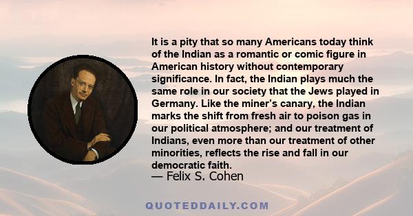 It is a pity that so many Americans today think of the Indian as a romantic or comic figure in American history without contemporary significance. In fact, the Indian plays much the same role in our society that the