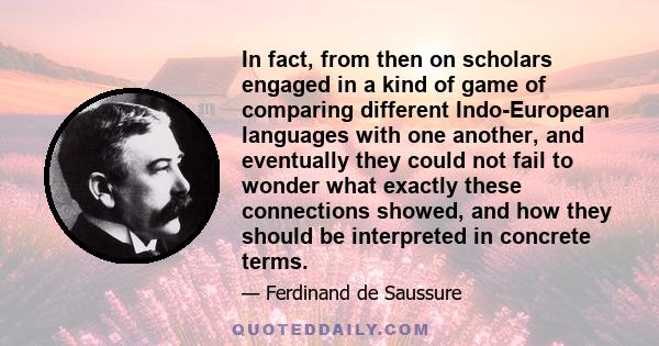 In fact, from then on scholars engaged in a kind of game of comparing different Indo-European languages with one another, and eventually they could not fail to wonder what exactly these connections showed, and how they