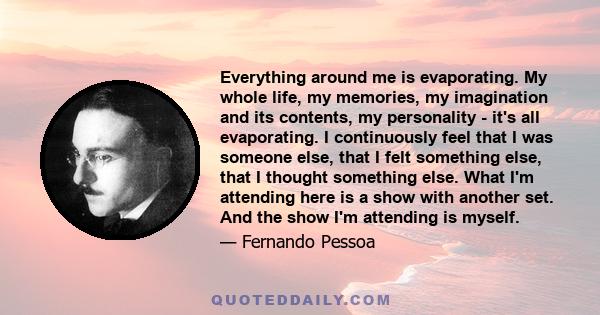 Everything around me is evaporating. My whole life, my memories, my imagination and its contents, my personality - it's all evaporating. I continuously feel that I was someone else, that I felt something else, that I