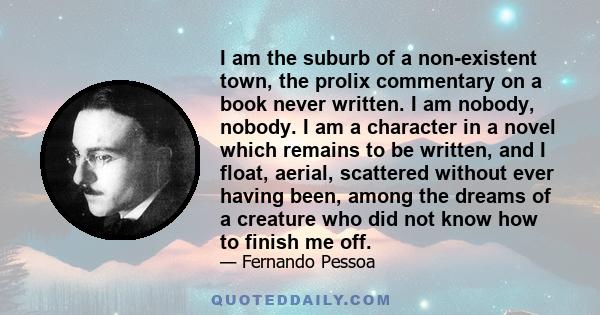 I am the suburb of a non-existent town, the prolix commentary on a book never written. I am nobody, nobody. I am a character in a novel which remains to be written, and I float, aerial, scattered without ever having