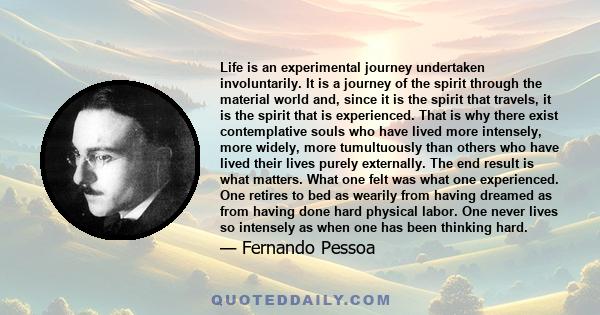 Life is an experimental journey undertaken involuntarily. It is a journey of the spirit through the material world and, since it is the spirit that travels, it is the spirit that is experienced. That is why there exist