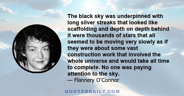 The black sky was underpinned with long silver streaks that looked like scaffolding and depth on depth behind it were thousands of stars that all seemed to be moving very slowly as if they were about some vast