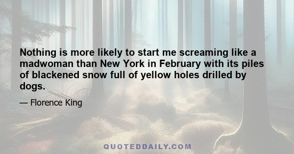 Nothing is more likely to start me screaming like a madwoman than New York in February with its piles of blackened snow full of yellow holes drilled by dogs.