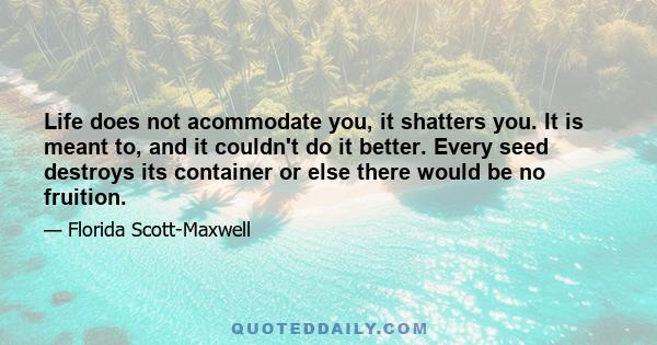 Life does not acommodate you, it shatters you. It is meant to, and it couldn't do it better. Every seed destroys its container or else there would be no fruition.