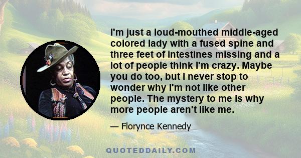 I'm just a loud-mouthed middle-aged colored lady with a fused spine and three feet of intestines missing and a lot of people think I'm crazy. Maybe you do too, but I never stop to wonder why I'm not like other people.