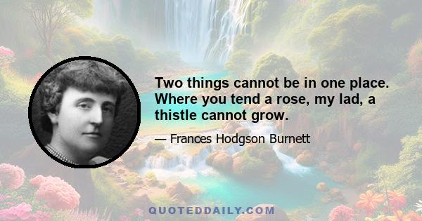 Two things cannot be in one place. Where you tend a rose, my lad, a thistle cannot grow.