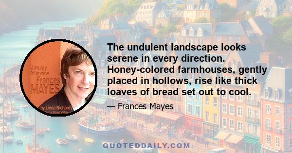 The undulent landscape looks serene in every direction. Honey-colored farmhouses, gently placed in hollows, rise like thick loaves of bread set out to cool.