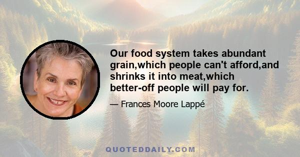 Our food system takes abundant grain,which people can't afford,and shrinks it into meat,which better-off people will pay for.