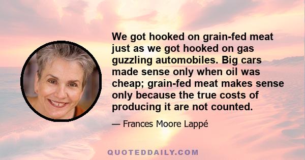 We got hooked on grain-fed meat just as we got hooked on gas guzzling automobiles. Big cars made sense only when oil was cheap; grain-fed meat makes sense only because the true costs of producing it are not counted.