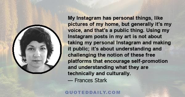 My Instagram has personal things, like pictures of my home, but generally it's my voice, and that's a public thing. Using my Instagram posts in my art is not about taking my personal Instagram and making it public; it's 