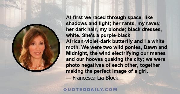 At first we raced through space, like shadows and light; her rants, my raves; her dark hair, my blonde; black dresses, white. She's a purple-black African-violet-dark butterfly and I a white moth. We were two wild