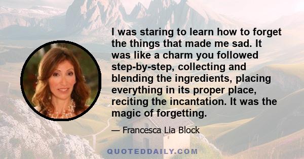 I was staring to learn how to forget the things that made me sad. It was like a charm you followed step-by-step, collecting and blending the ingredients, placing everything in its proper place, reciting the incantation. 