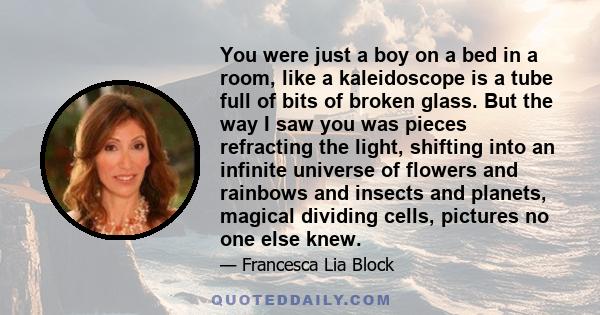 You were just a boy on a bed in a room, like a kaleidoscope is a tube full of bits of broken glass. But the way I saw you was pieces refracting the light, shifting into an infinite universe of flowers and rainbows and