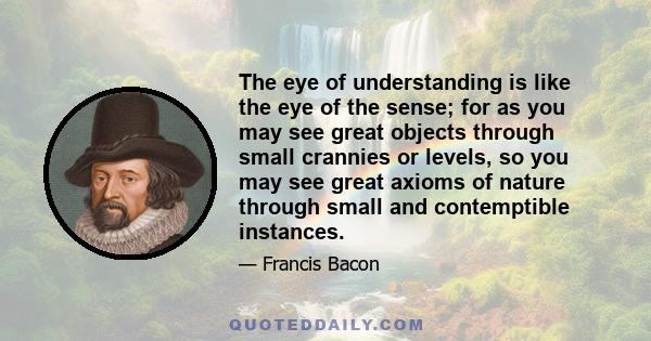 The eye of understanding is like the eye of the sense; for as you may see great objects through small crannies or levels, so you may see great axioms of nature through small and contemptible instances.