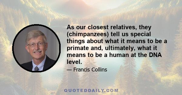 As our closest relatives, they (chimpanzees) tell us special things about what it means to be a primate and, ultimately, what it means to be a human at the DNA level.