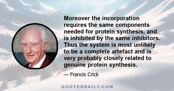 Moreover the incorporation requires the same components needed for protein synthesis, and is inhibited by the same inhibitors. Thus the system is most unlikely to be a complete artefact and is very probably closely