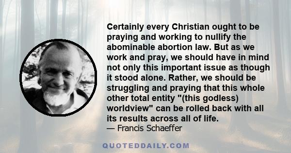 Certainly every Christian ought to be praying and working to nullify the abominable abortion law. But as we work and pray, we should have in mind not only this important issue as though it stood alone. Rather, we should 