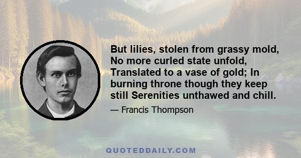 But lilies, stolen from grassy mold, No more curled state unfold, Translated to a vase of gold; In burning throne though they keep still Serenities unthawed and chill.