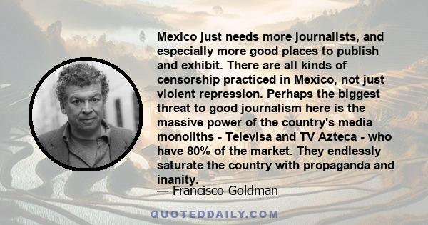 Mexico just needs more journalists, and especially more good places to publish and exhibit. There are all kinds of censorship practiced in Mexico, not just violent repression. Perhaps the biggest threat to good