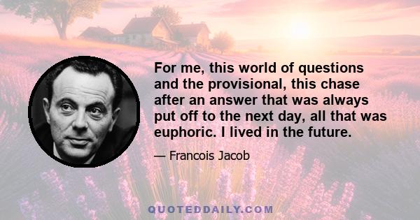 For me, this world of questions and the provisional, this chase after an answer that was always put off to the next day, all that was euphoric. I lived in the future.