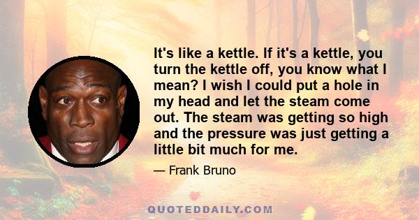 It's like a kettle. If it's a kettle, you turn the kettle off, you know what I mean? I wish I could put a hole in my head and let the steam come out. The steam was getting so high and the pressure was just getting a