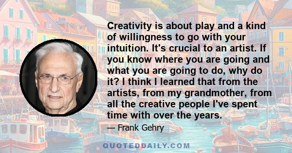 Creativity is about play and a kind of willingness to go with your intuition. It's crucial to an artist. If you know where you are going and what you are going to do, why do it? I think I learned that from the artists,