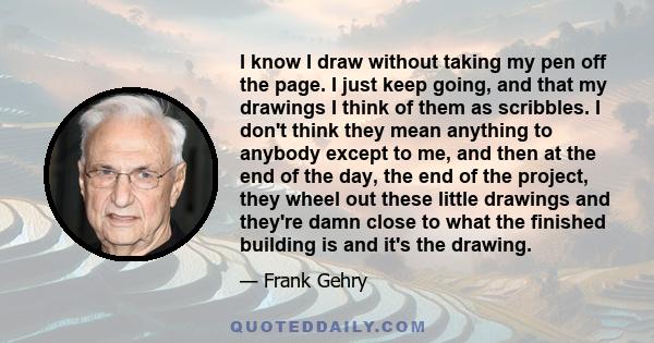 I know I draw without taking my pen off the page. I just keep going, and that my drawings I think of them as scribbles. I don't think they mean anything to anybody except to me, and then at the end of the day, the end